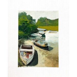 8x10 Original Oil Painting Landscape Rowboat Impressionist Country Lake Signed